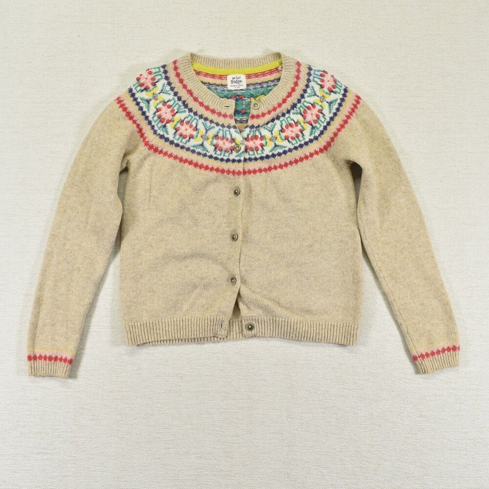 Mini Boden Girls Fair Isle Cardigan Sweater Oatmeal Beige Yoke Button Front 9-10